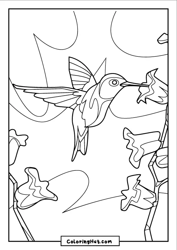 Graceful hummingbird sipping nectar from flowers - free printable coloring page.