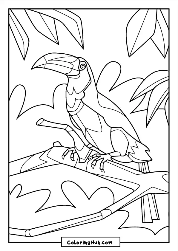 Tropical toucan with a large beak perched on a branch - jungle bird coloring page.