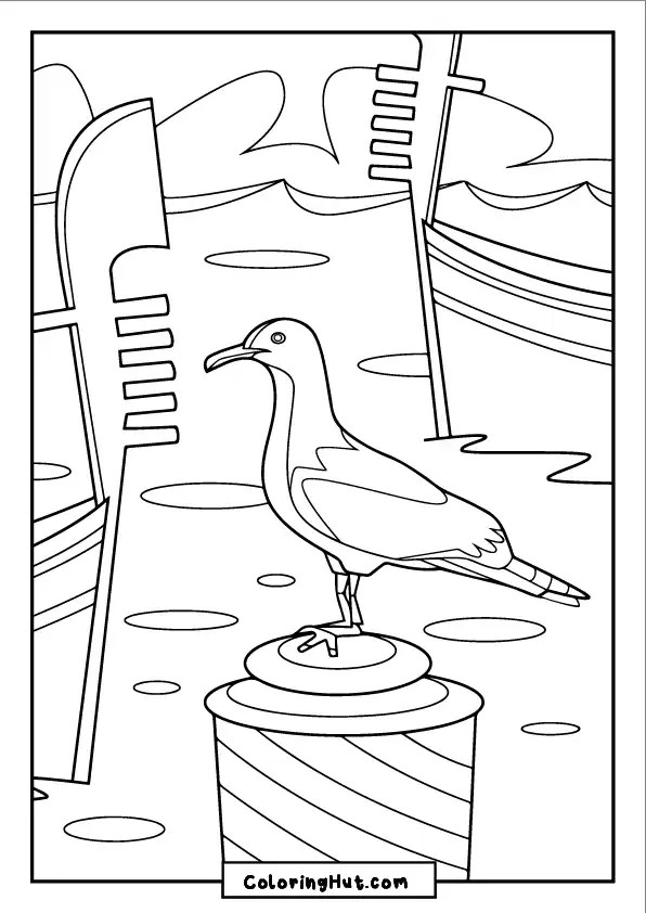 Seagull standing on a pier with ocean waves and boats in the background - fun coastal coloring page.