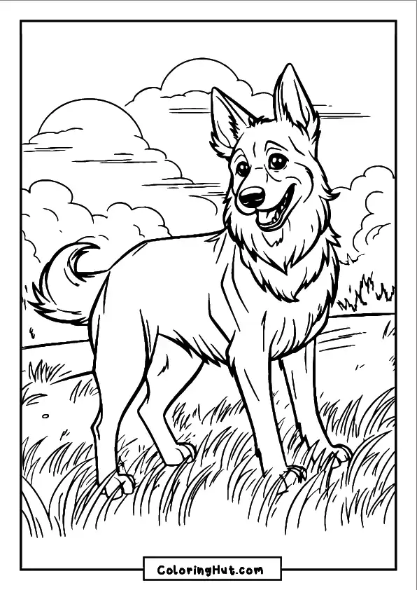 Smiling fluffy dog standing in a grassy field - free printable coloring page.
