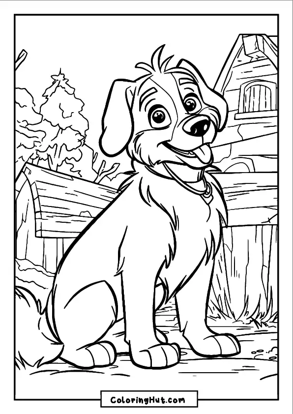Happy farm dog sitting in front of a wooden barn - fun coloring page for kids.