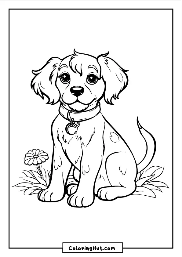 Adorable puppy with big eyes sitting next to a flower - free cute dog coloring page.