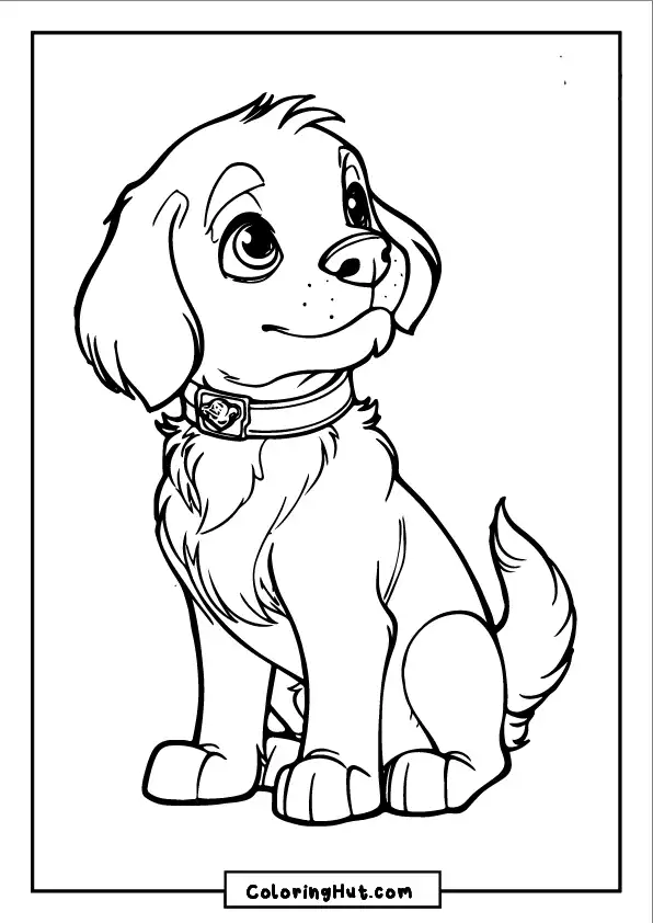Sweet puppy with fluffy ears looking up - easy printable coloring page.