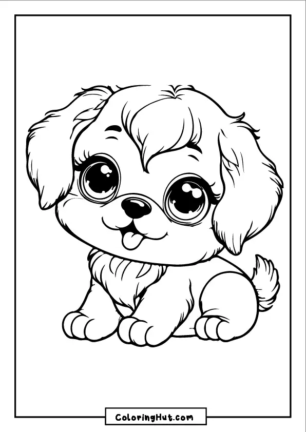 Kawaii-style puppy with big round eyes and a happy expression - fun coloring sheet for kids.
