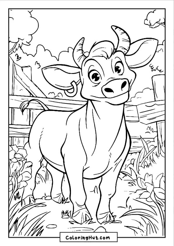 A happy cow grazing in a farm setting.