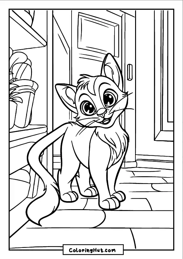 Adorable cartoon cat with big eyes standing in a kitchen - fun coloring page for kids.
