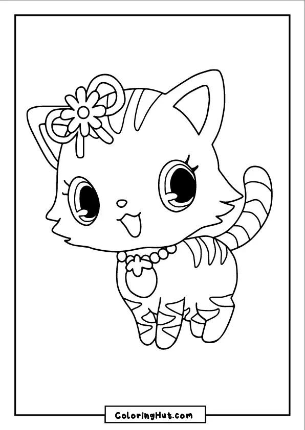 Cute kawaii cat with a flower bow and necklace - fun and simple coloring sheet.