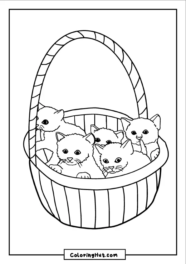 Five playful kittens sitting in a basket - free printable kitten coloring page.