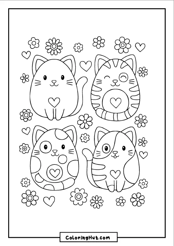 Cute doodle-style cats surrounded by hearts and flowers - relaxing coloring page.