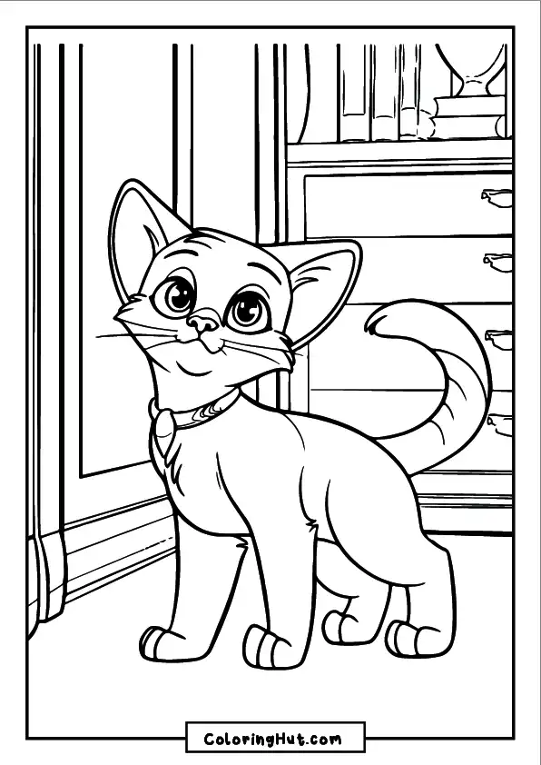 Happy cat with a fluffy tail standing in a cozy home - printable kitten coloring sheet.