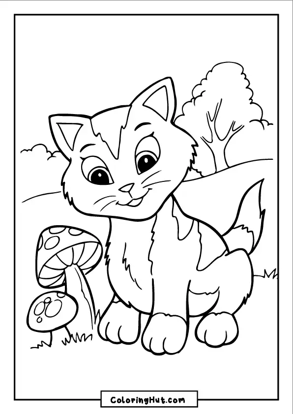 Smiling kitten sitting near mushrooms in a garden - fun nature-themed coloring page.