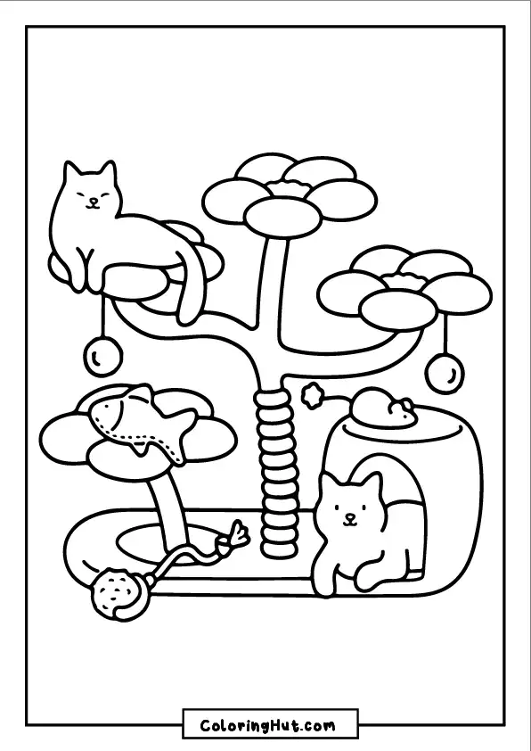 Whimsical cat tree with playful kittens and fun elements - detailed coloring page for all ages.