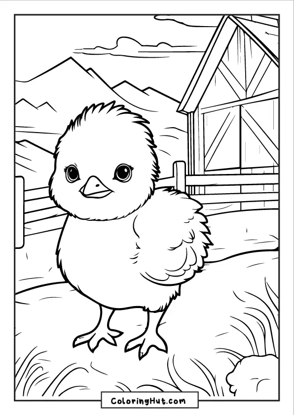 Adorable baby chick standing on a farm with a barn and mountains in the background - free printable coloring page