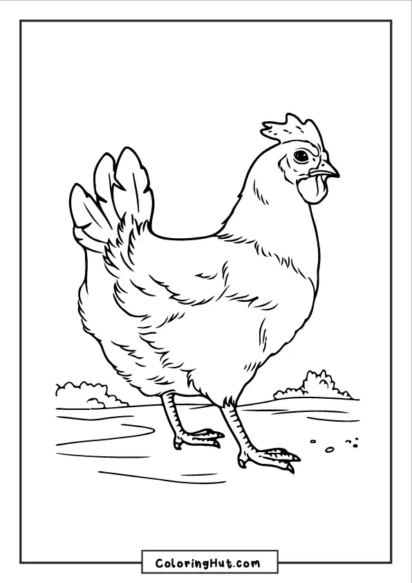 Hen walking on a farm, ready to be colored - realistic chicken coloring page.