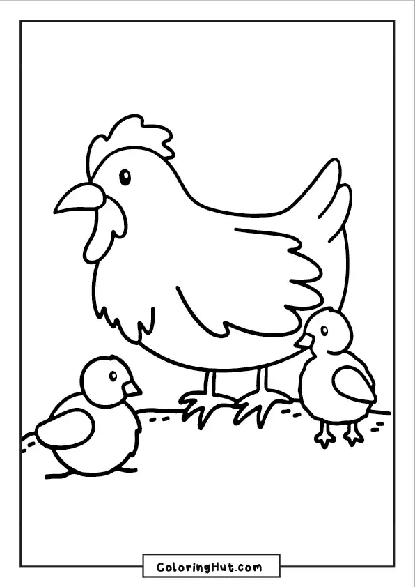 Simple line art of a hen with two small chicks, perfect for preschoolers' coloring activities.