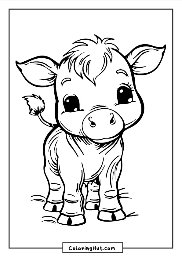A baby cow with big eyes and fluffy hair.