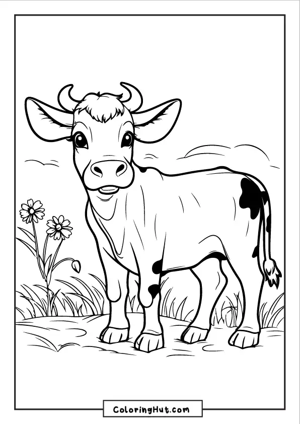 Cute cow standing in a grassy field with flowers.