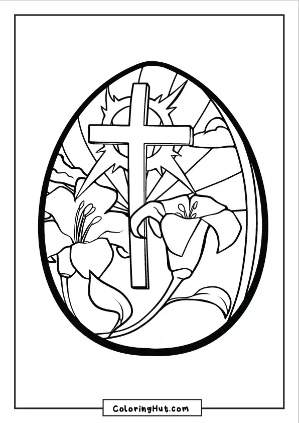 Elegant Easter egg featuring a cross, lilies, and sun rays – Christian-themed coloring page.