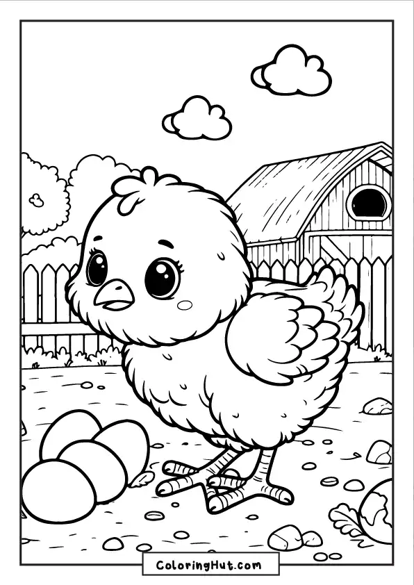 Cute baby chick standing next to a nest of eggs in a farmyard - fun printable coloring sheet.