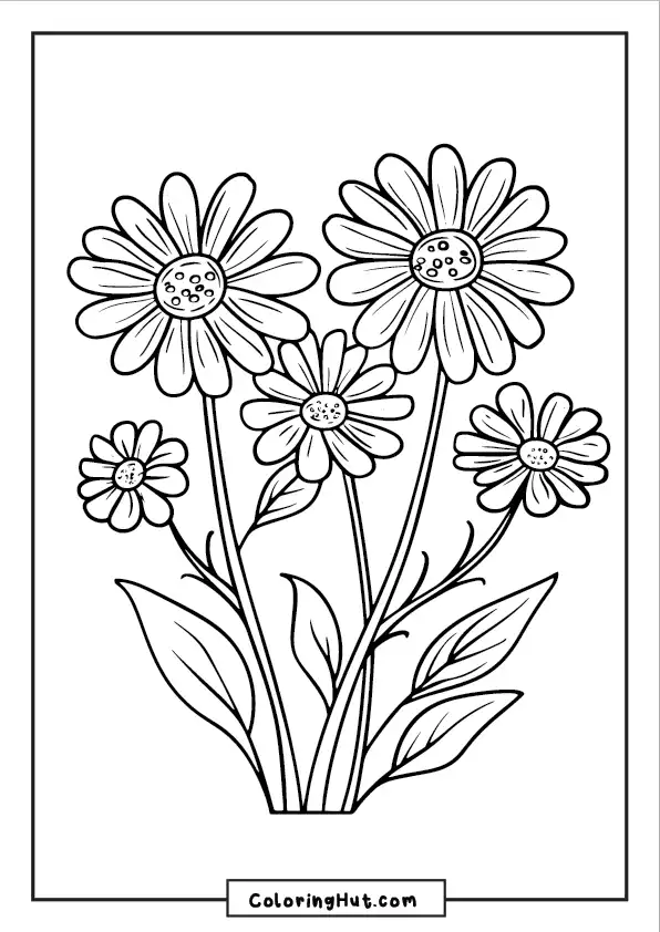 Blooming daisy flowers coloring page with a bunch of daisies on long stems