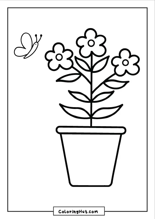 Simple potted daisy plant coloring page with a butterfly flying nearby.