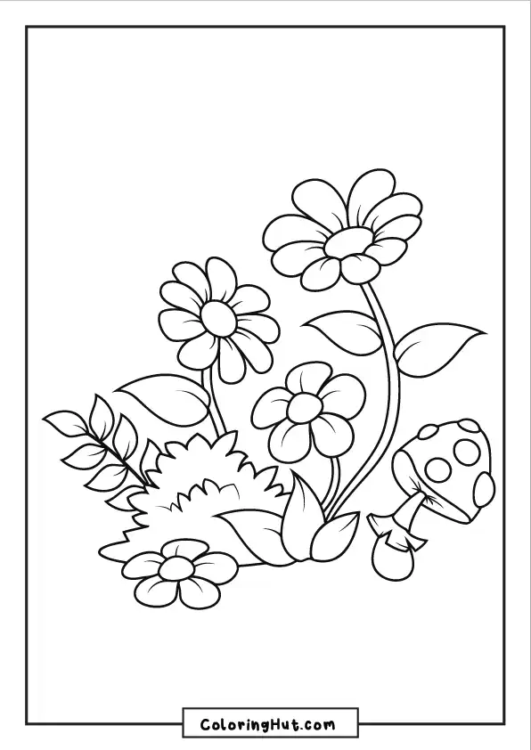 Daisy garden coloring page with multiple flowers, leaves, and a mushroom.