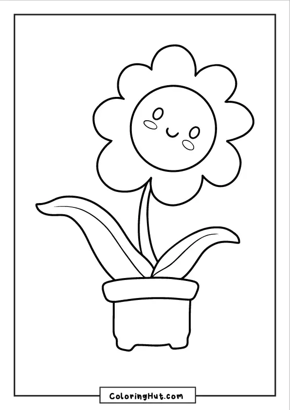 Cute smiling daisy flower in a pot coloring page, perfect for kids.