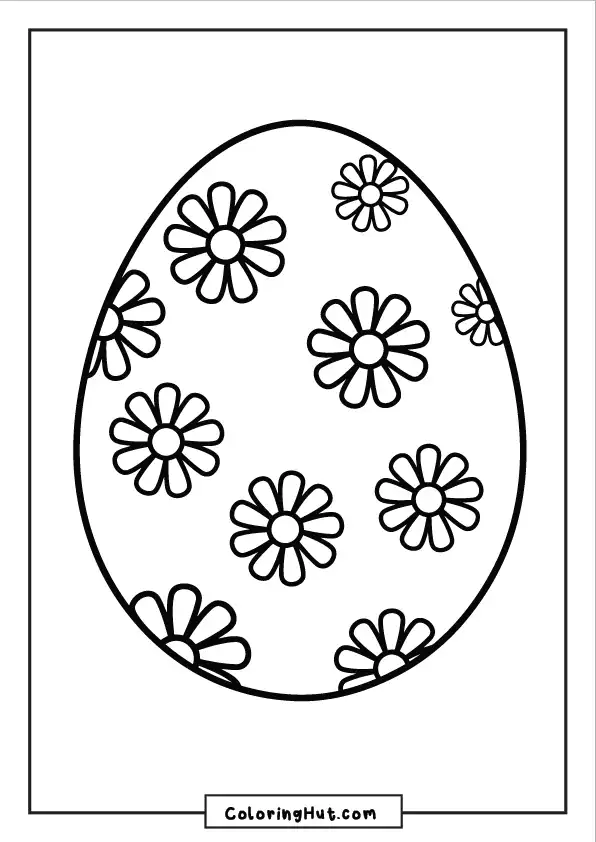 Simple Easter egg with a floral pattern featuring daisy-like flowers – free coloring sheet for kids and adults.