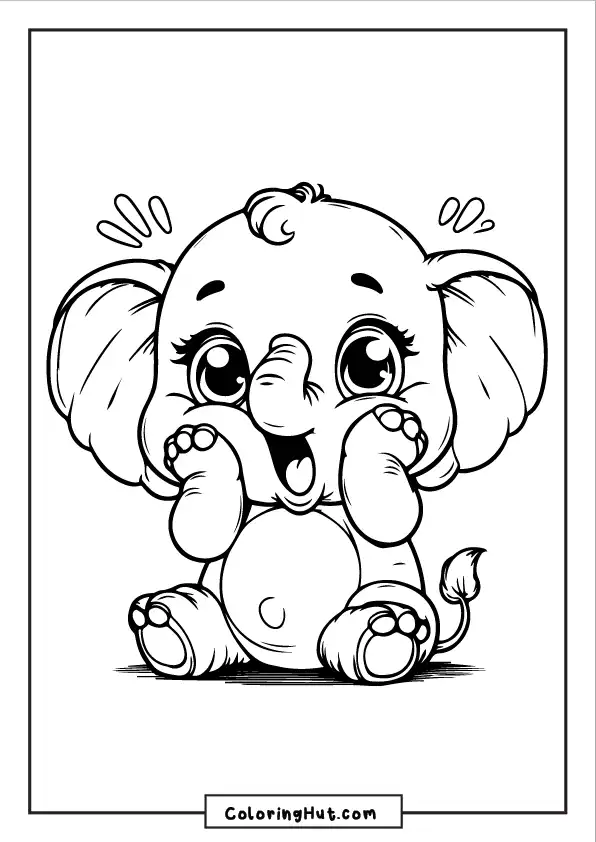 Excited baby elephant coloring page with a joyful pose and playful expression.