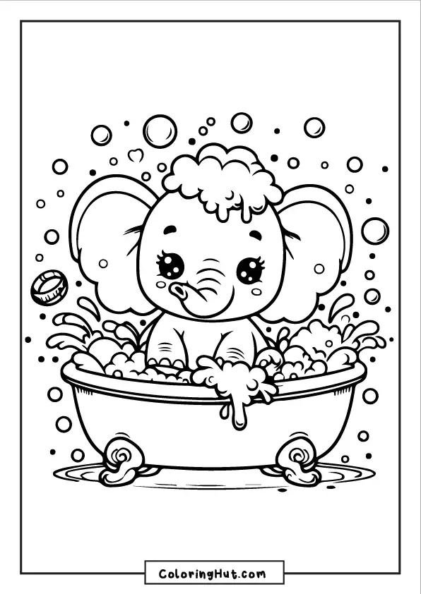 Cute baby elephant in a bathtub coloring page with bubbles and a joyful expression.