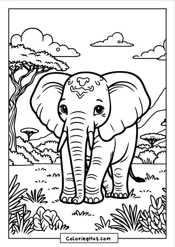 Realistic elephant coloring page featuring a majestic elephant in the African savannah.