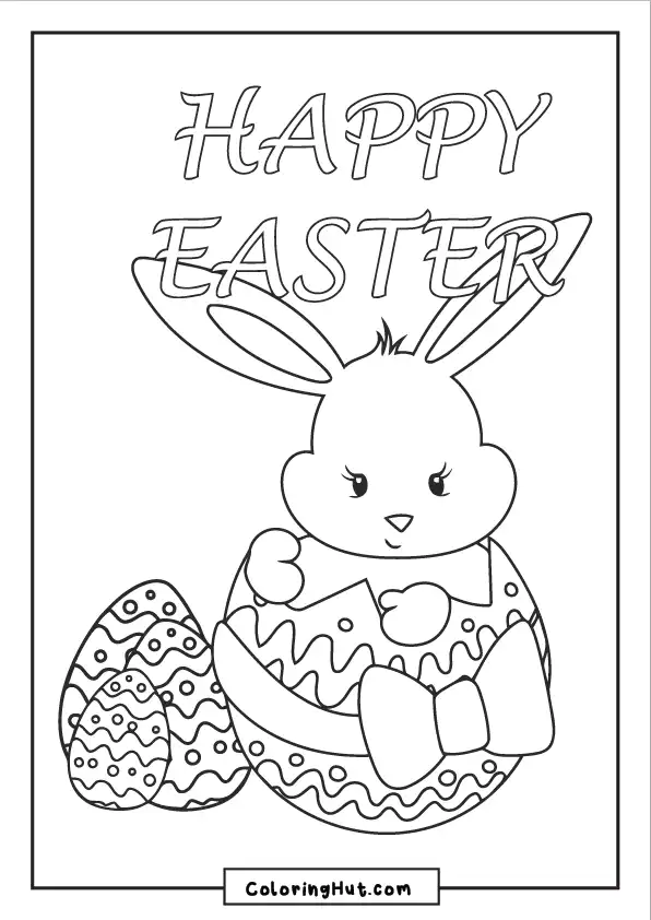 Cute Easter bunny inside a decorated egg with a bow, surrounded by Easter eggs – free coloring page.