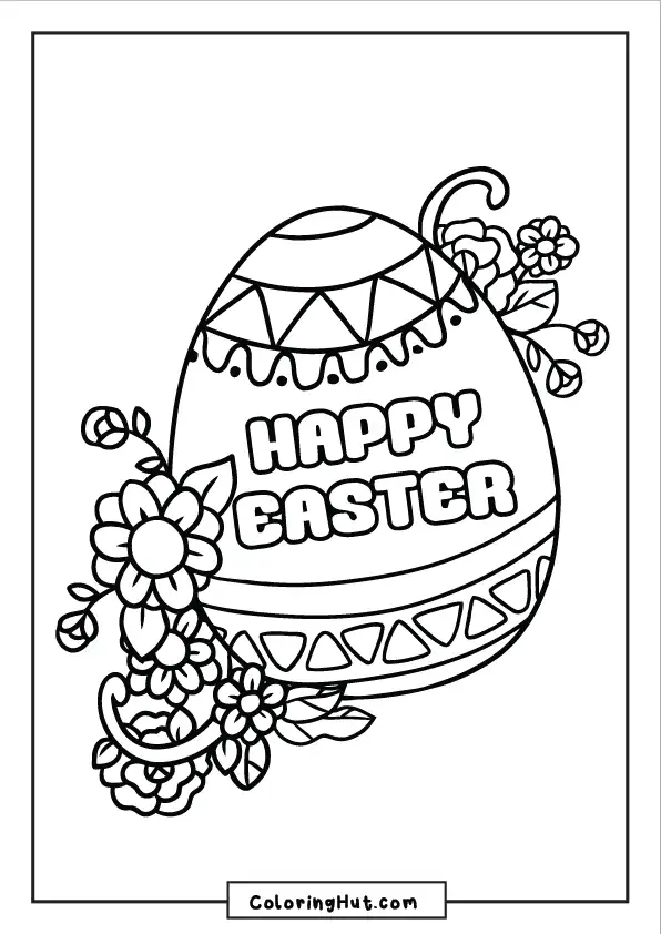 Decorative Easter egg with flowers and 'Happy Easter' text – perfect spring coloring page.