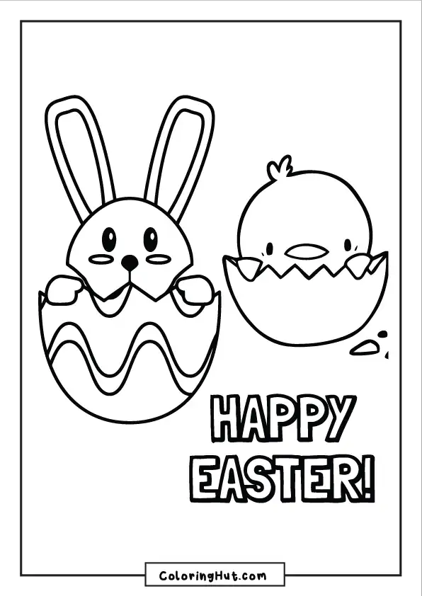 Adorable bunny and baby chick hatching from Easter eggs with 'Happy Easter' message – fun printable coloring page.