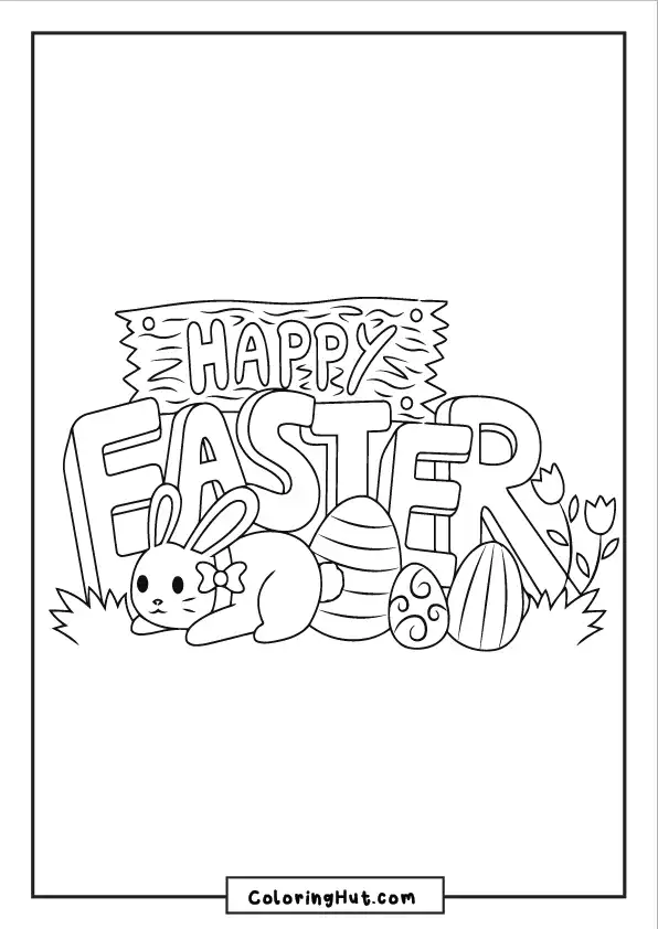 Sleeping bunny beside Easter eggs with 'Happy Easter' text in a spring setting – free coloring sheet.