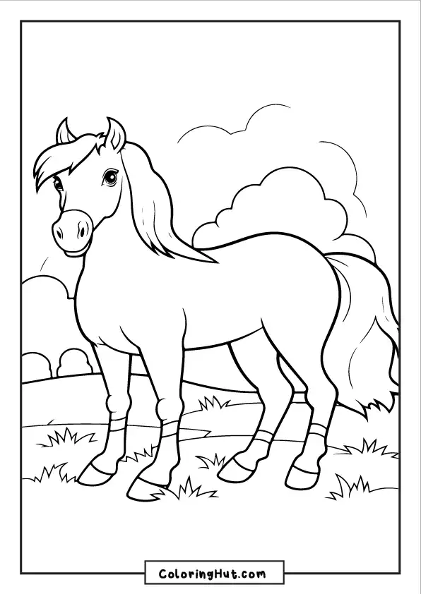 Cute pony coloring page with a playful horse in a farm setting.