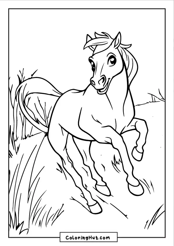 Running horse coloring page featuring a galloping horse in nature.