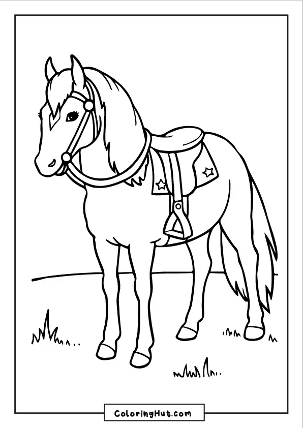 Saddled horse coloring page with a bridled horse ready to ride.