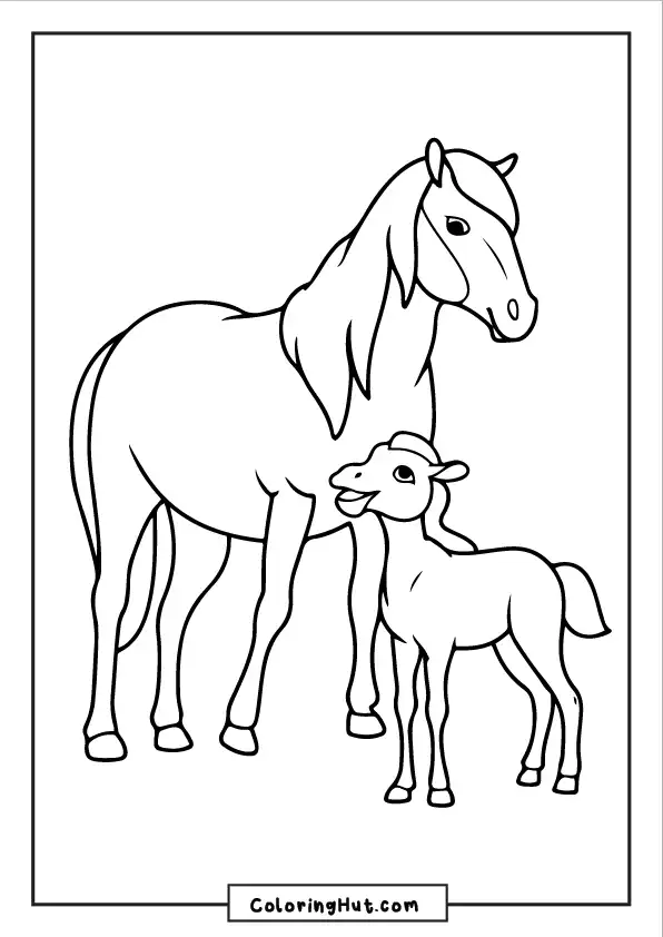 Mother horse and baby foal coloring page for kids and animal lovers.
