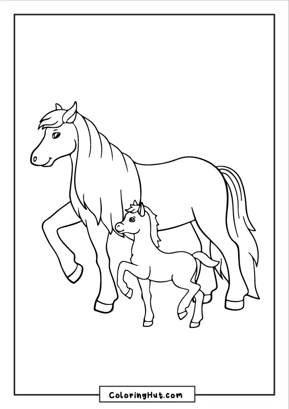 Wild horse coloring page featuring a majestic mustang in a scenic landscape.