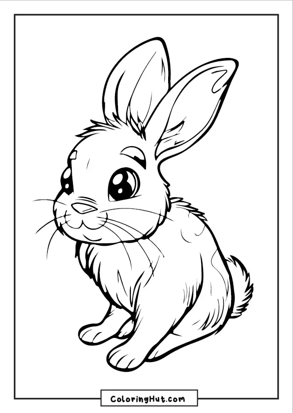 Adorable bunny rabbit coloring page with big eyes and fluffy fur.