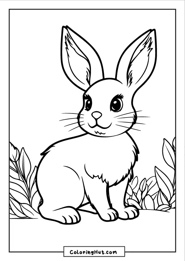 Rabbit coloring page with a cute bunny sitting among forest plants and leaves.