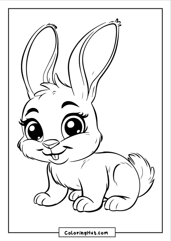 Smiling cartoon bunny coloring page with big ears and fluffy tail.