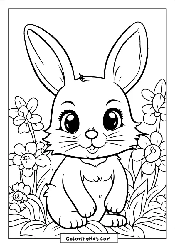 Cute bunny coloring page with a rabbit sitting among blooming flowers.