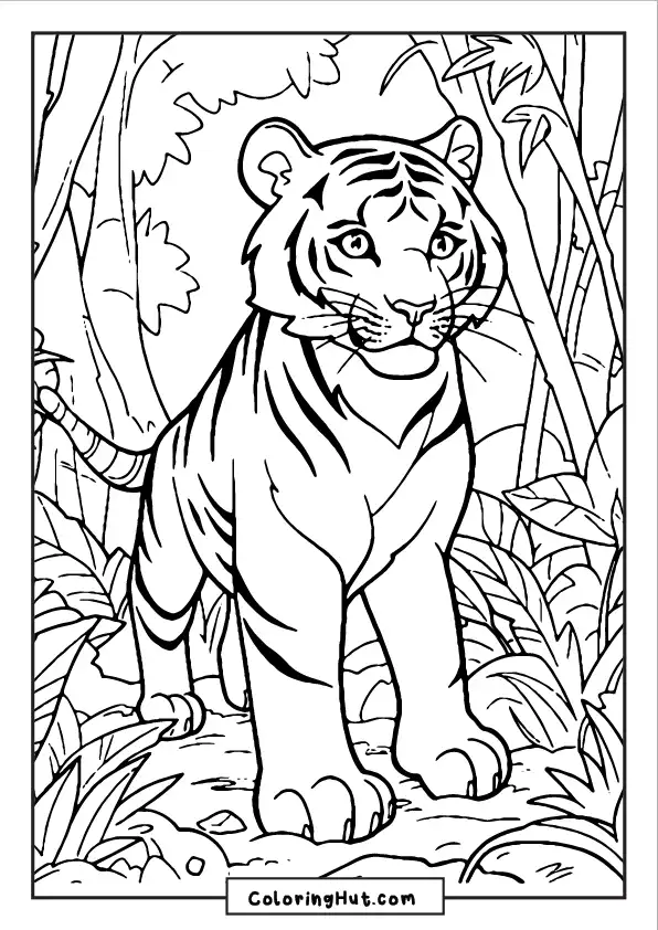 Realistic jungle tiger coloring page featuring a tiger walking through a dense forest.