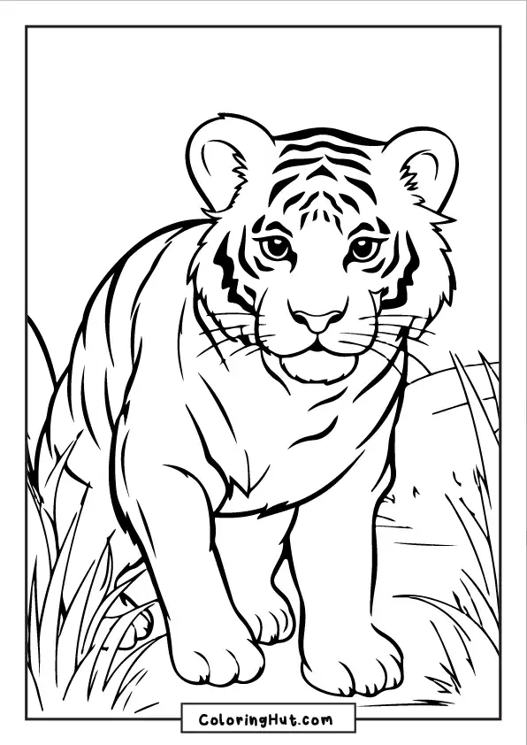 Powerful tiger coloring page showing a tiger crouching in tall grass, ready to pounce.