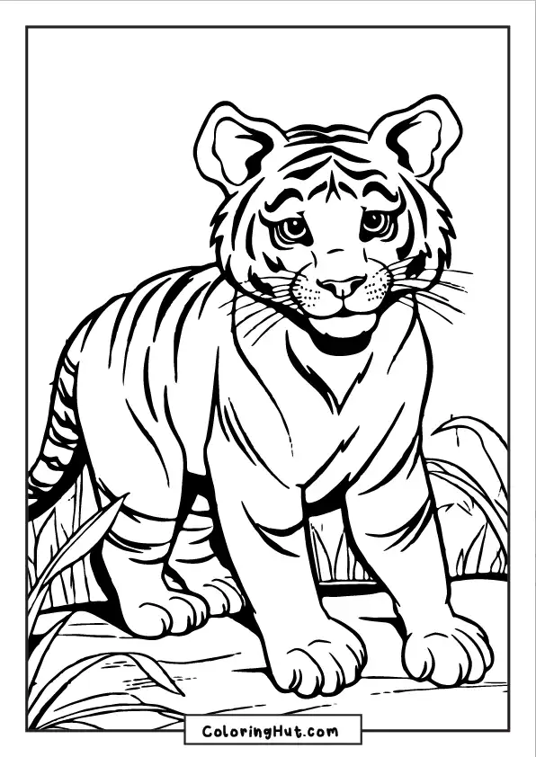 Cartoon-style tiger cub coloring page with a happy, playful expression.