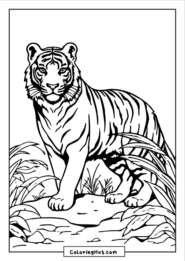 Majestic tiger coloring page featuring a strong, focused tiger standing on a rock.