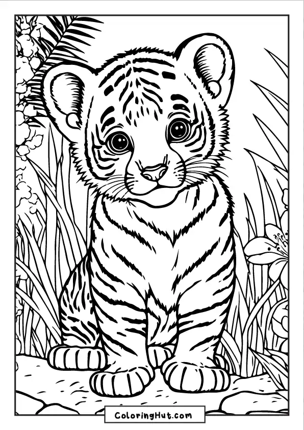 Baby tiger coloring page with a cute expression, sitting among flowers and plants.