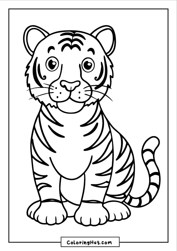 Cute cartoon tiger coloring page with a friendly expression and big round eyes.